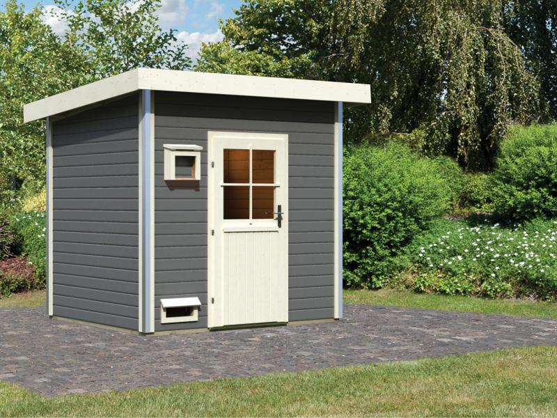 Karibu Saunahaus Norge, terragrau, mit klassischer Tür  -ohne Ofen-