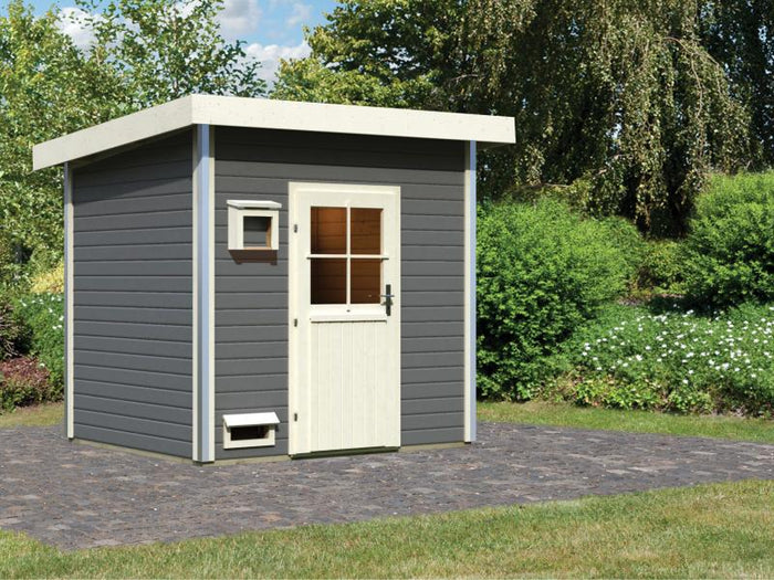 Karibu Saunahaus Norge, terragrau, mit klassischer Tür  -ohne Ofen-