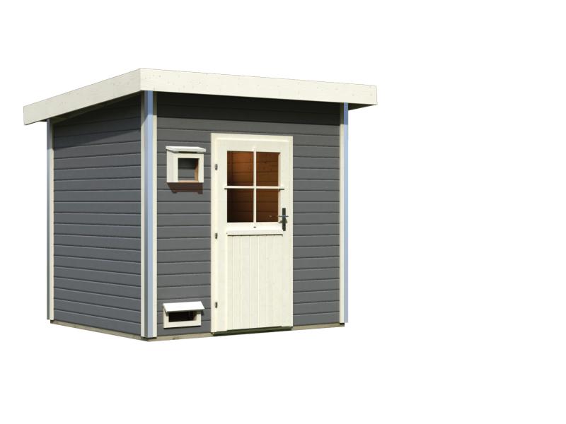 Karibu Saunahaus Norge, terragrau, mit klassischer Tür  -ohne Ofen-