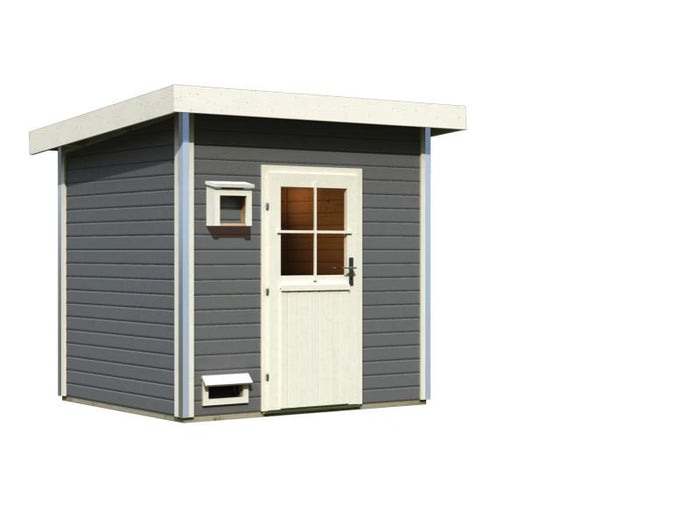 Karibu Saunahaus Norge, terragrau, mit klassischer Tür  -ohne Ofen-