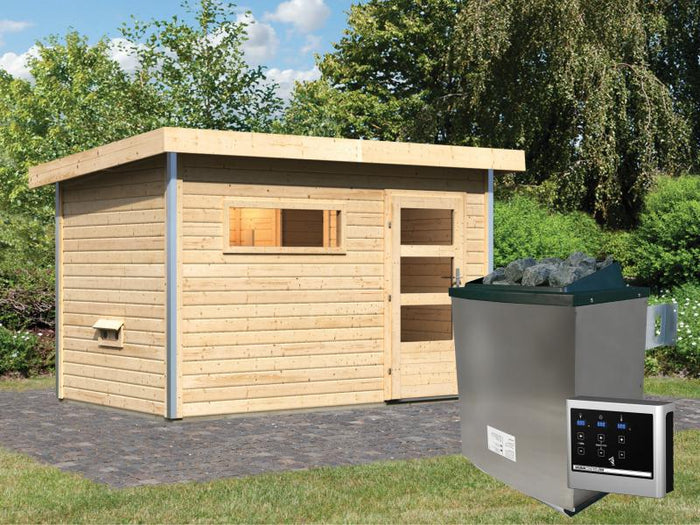 Karibu Saunahaus Skrollan 1 38 mm- 9 kW Ofen ext. Strg- klarglas Tür