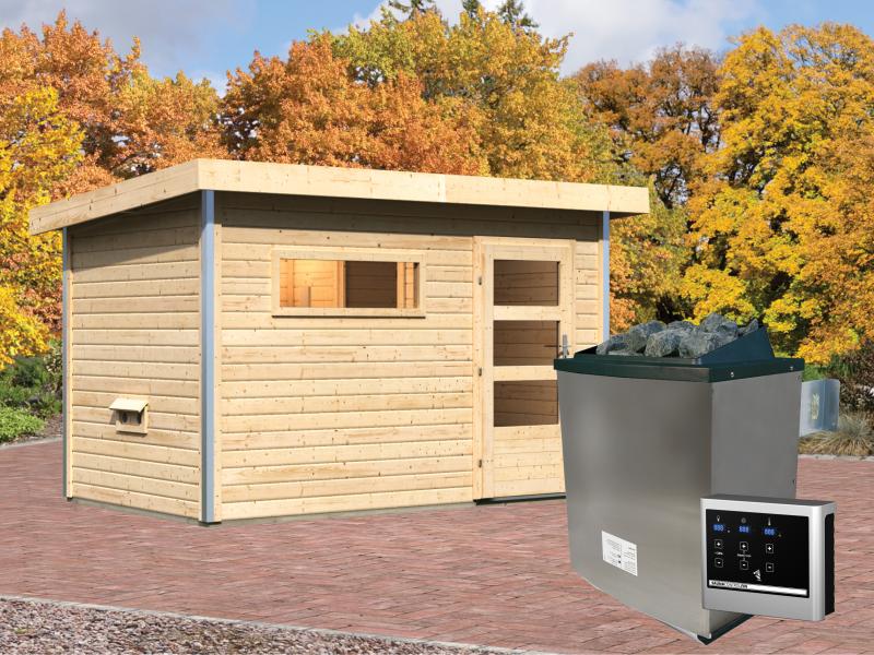 Karibu Saunahaus Skrollan 1 38 mm- 9 kW Ofen ext. Strg- klarglas Tür