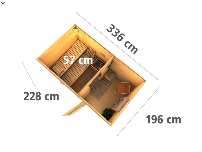 Karibu Saunahaus Skrollan 1 38 mm- 9 kW Ofen ext. Strg- klarglas Tür