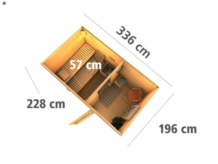 Karibu Saunahaus Skrollan 1 38 mm- ohne Ofen- Milchglastür