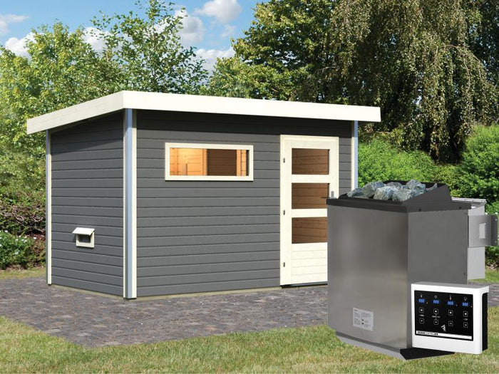 Karibu Saunahaus Skrollan 1 in terragrau- 38 mm- 9 kW Bioofen ext. Strg- moderne Tür