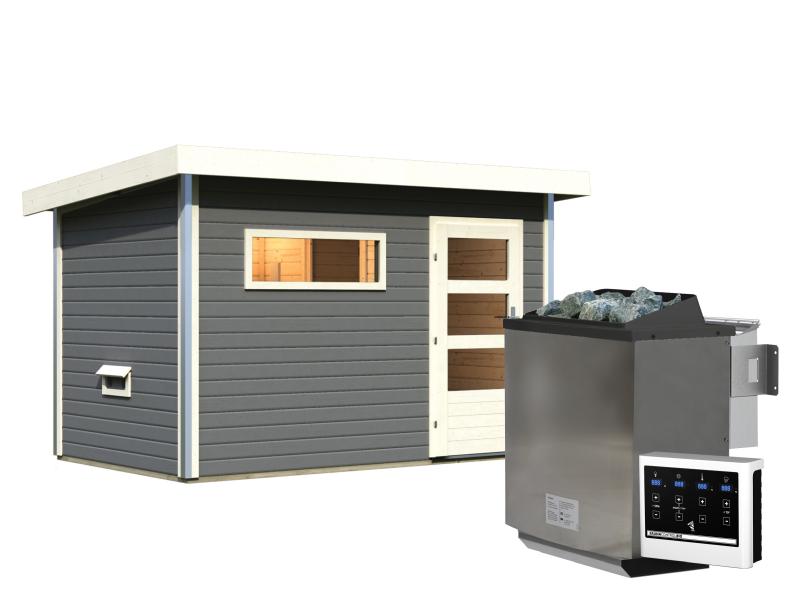 Karibu Saunahaus Skrollan 1 in terragrau- 38 mm- 9 kW Bioofen ext. Strg- moderne Tür