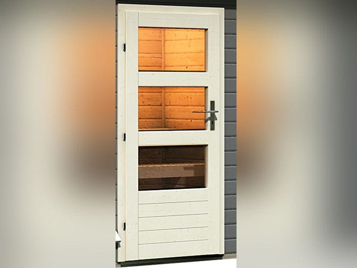 Karibu Saunahaus Skrollan 1 in terragrau- 38 mm- 9 kW Bioofen ext. Strg- moderne Tür