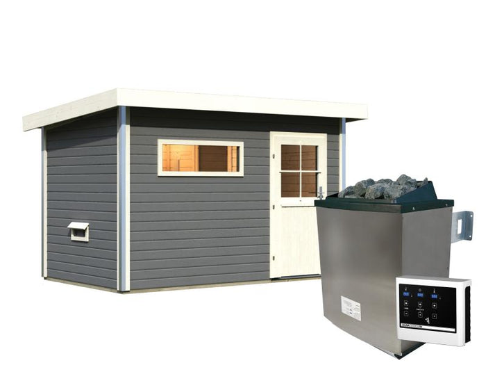 Karibu Saunahaus Skrollan 1 in terragrau- 38 mm- 9 kW Ofen ext. Streuerung- klassische Tür