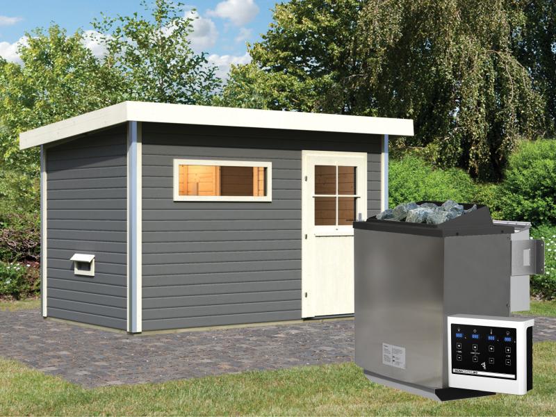 Karibu Saunahaus Skrollan 1 in terragrau- 38 mm- 9 kW Bioofen ext. Steuerung- klassische Tür