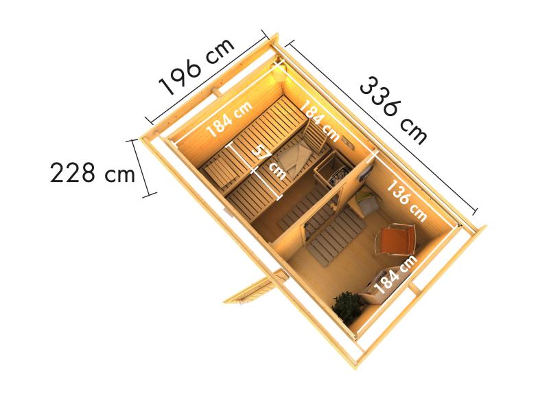 Karibu Saunahaus Skrollan 1 in terragrau- 38 mm- 9 kW Bioofen ext. Steuerung- klassische Tür