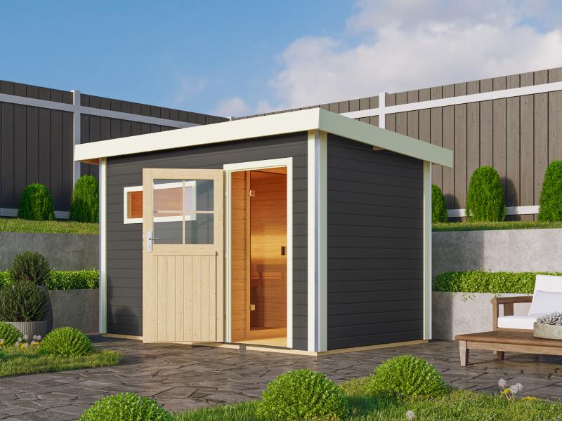 Karibu Saunahaus Skrollan 1 in terragrau- 38 mm- 9 kW Bioofen ext. Steuerung- klassische Tür