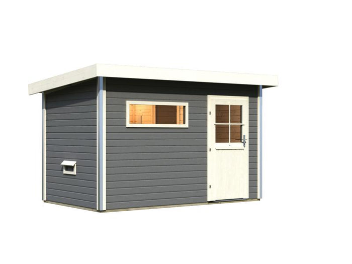 Karibu Saunahaus Skrollan 1 in terragrau- 38 mm- ohne Ofen- klassische Tür