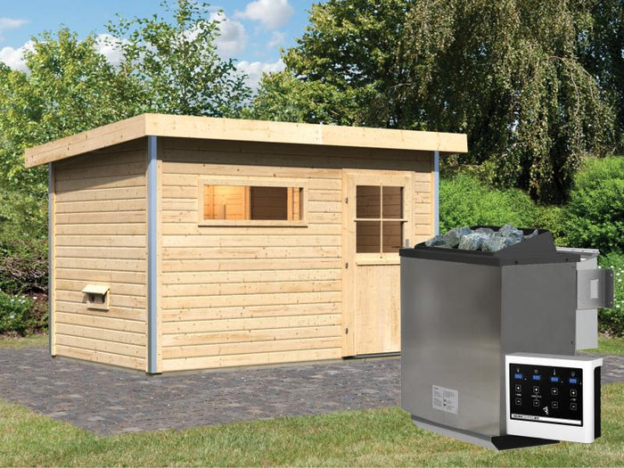 Karibu Saunahaus Skrollan 1 inkl. 9 kW Bioofen ext. Steuerung- klassische Tür