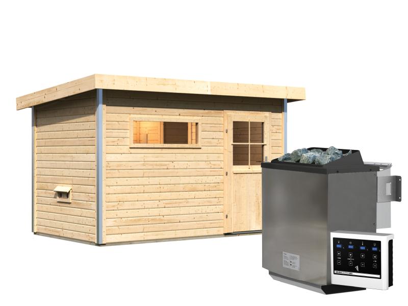 Karibu Saunahaus Skrollan 1 inkl. 9 kW Bioofen ext. Steuerung- klassische Tür