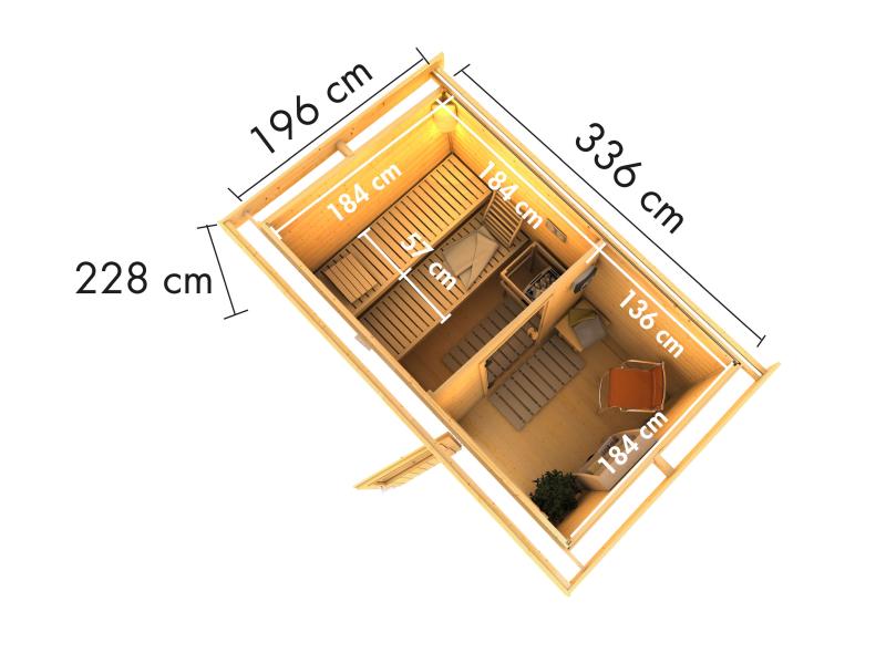 Karibu Saunahaus Skrollan 1 inkl. 9 kW Ofen ext. Steuerung- klassische Tür