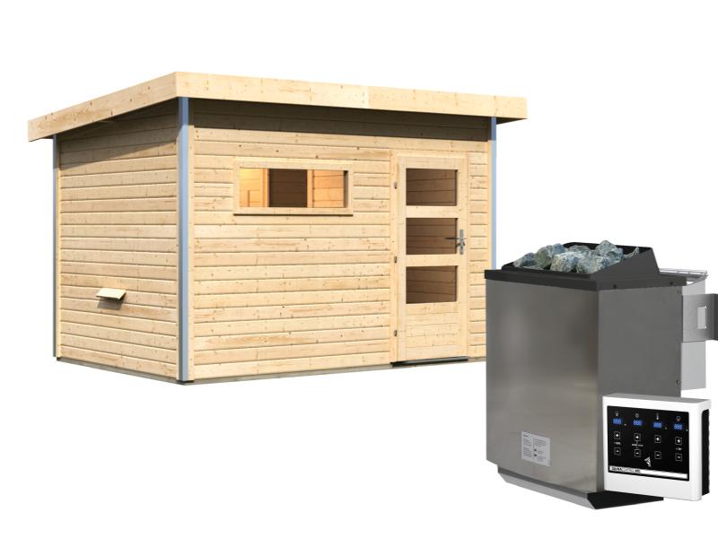 Karibu Saunahaus Skrollan 2 38 mm- 9 kW Bioofen ext. Strg- moderne Tür