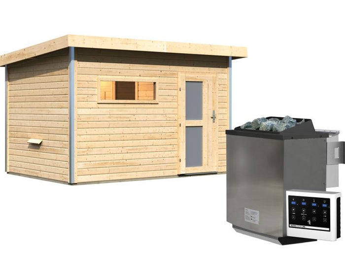 Karibu Saunahaus Skrollan 2 38 mm- 9 kW Bioofen ext. Strg- Milchglastür