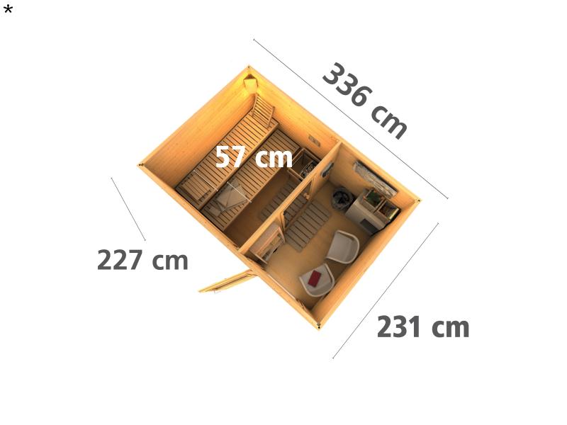 Karibu Saunahaus Skrollan 2 38 mm- 9 kW Bioofen ext. Strg- Milchglastür