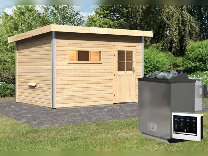 Karibu Saunahaus Skrollan 2 38 mm- 9 kW Bioofen ext. Steuerung- klassische Tür