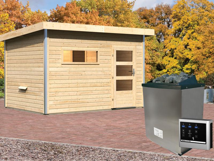 Karibu Saunahaus Skrollan 2 38 mm- 9 kW Ofen ext. Strg- moderne Tür