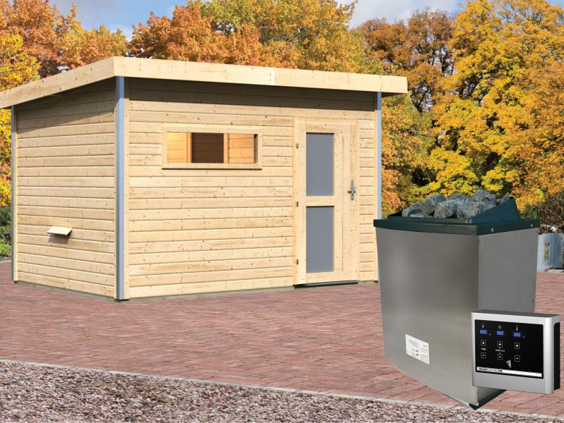 Karibu Saunahaus Skrollan 2 38 mm- 9 kW Ofen ext. Strg- Milchglastür