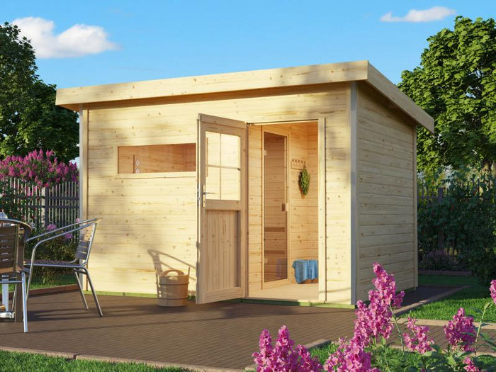 Karibu Saunahaus Skrollan 2 -38 mm- 9 kW Ofen ext. Strg- klassische Tür