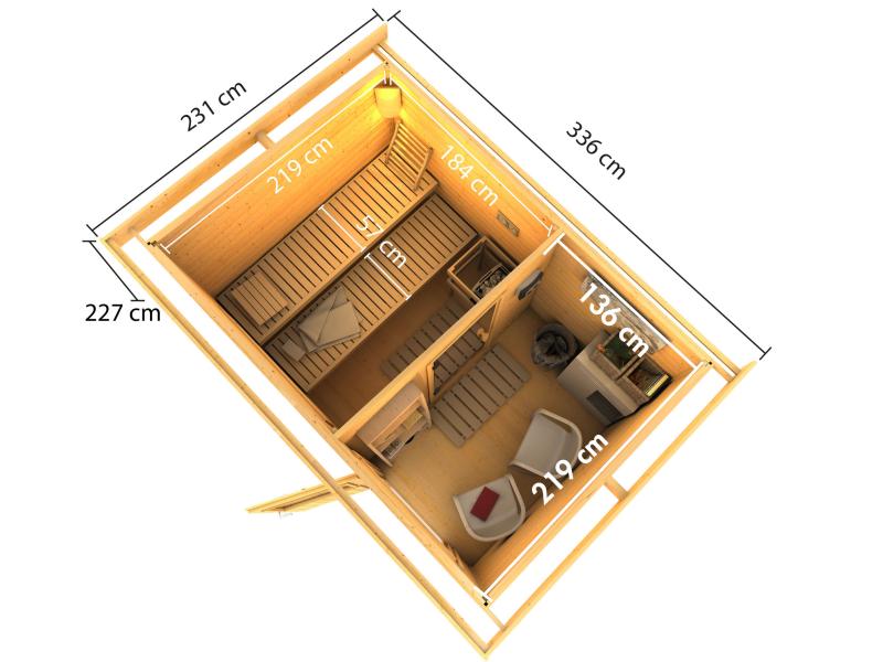 Karibu Saunahaus Skrollan 2 38 mm- ohne Ofen- klassische Tür