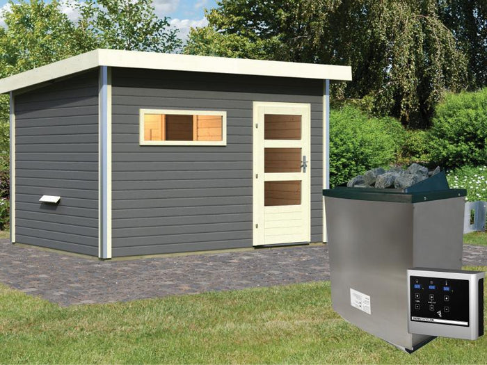 Karibu Saunahaus Skrollan 2 in terragrau- 9 kW Ofen ext. Strg- moderne Tür