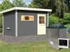 Karibu Saunahaus Skrollan 2 in terragrau- 9 kW Ofen ext. Steuerung- klassische Tür