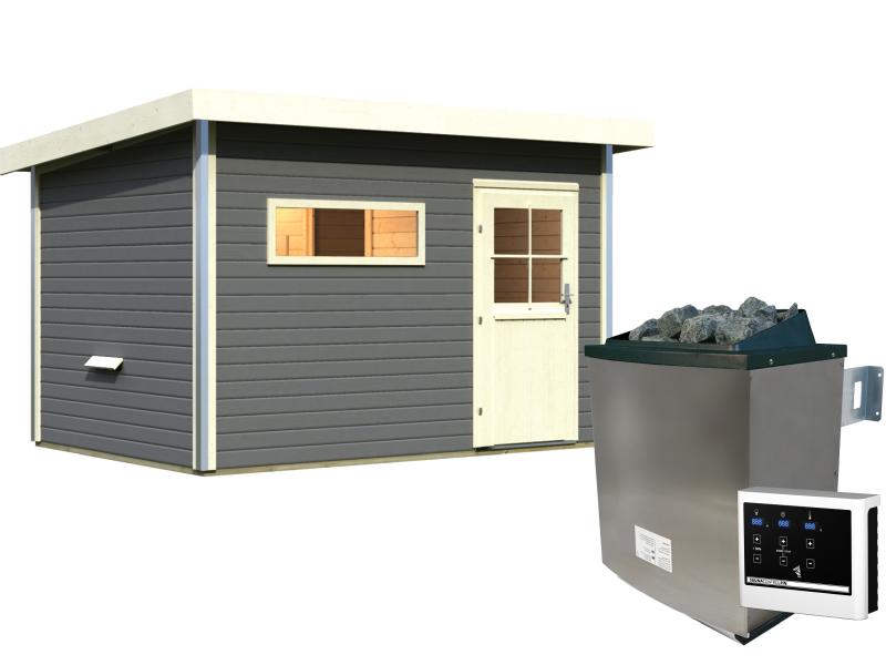 Karibu Saunahaus Skrollan 2 in terragrau- 9 kW Ofen ext. Steuerung- klassische Tür