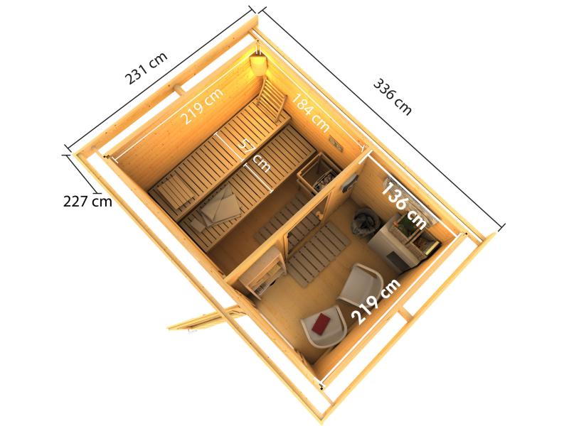 Karibu Saunahaus Skrollan 2 in terragrau- 9 kW Ofen ext. Steuerung- klassische Tür