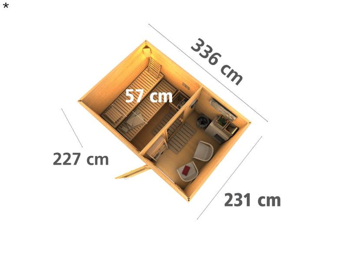Karibu Saunahaus Skrollan 2 in terragrau- 9 kW Bioofen ext. Strg- moderne Tür