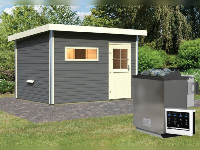 Karibu Saunahaus Skrollan 2 in terragrau- 9 kW Bioofen ext. Steuerung- klassische Tür