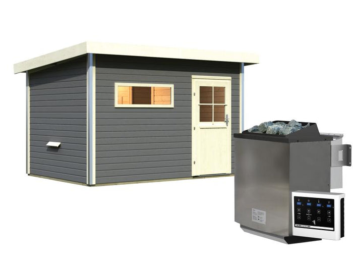 Karibu Saunahaus Skrollan 2 in terragrau- 9 kW Bioofen ext. Steuerung- klassische Tür