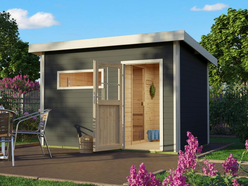 Karibu Saunahaus Skrollan 2 in terragrau- 9 kW Bioofen ext. Steuerung- klassische Tür