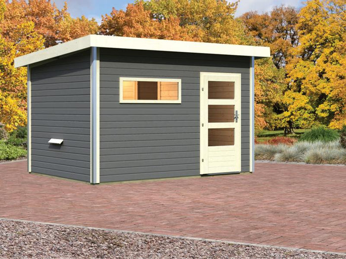 Karibu Saunahaus Skrollan 2 in terragrau- ohne Ofen- moderne Tür