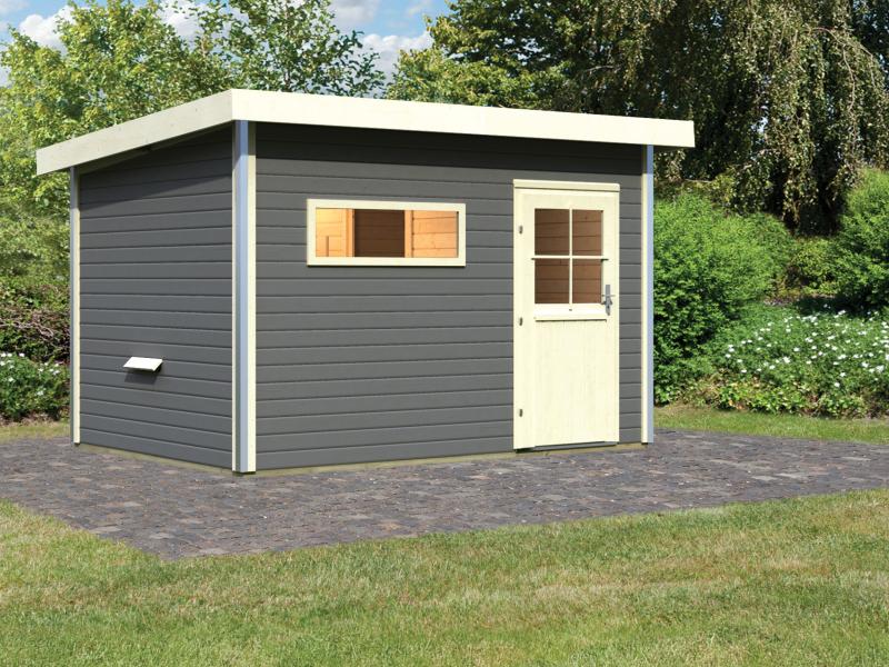 Karibu Saunahaus Skrollan 2 in terragrau- ohne Ofen- klassische Tür