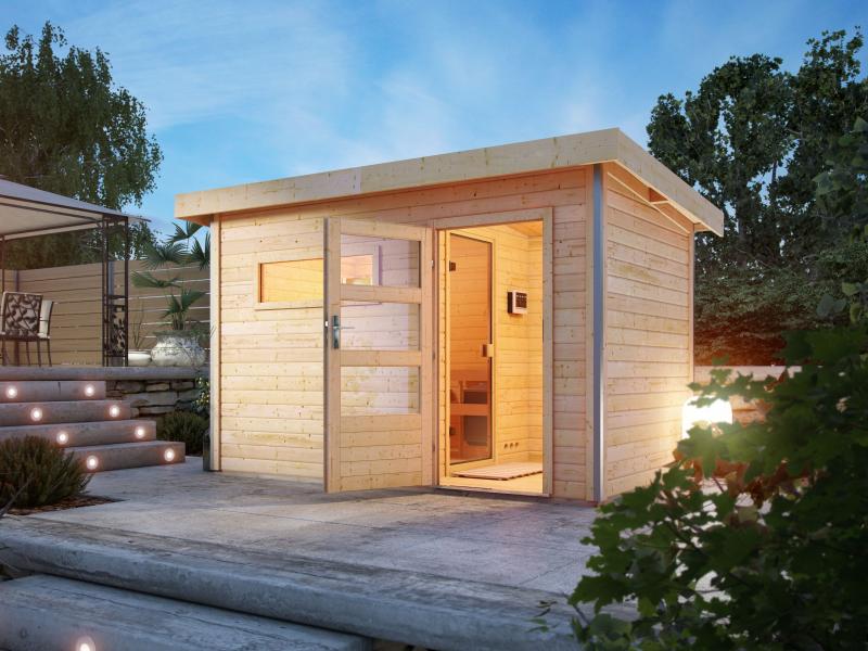 Karibu Saunahaus Skrollan 3 38 mm- 9 kW Bioofen ext. Strg- moderne Tür