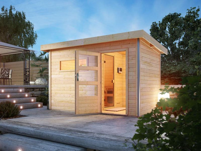 Karibu Saunahaus Skrollan 3 38 mm- 9 kW Bioofen ext. Strg- moderne Tür