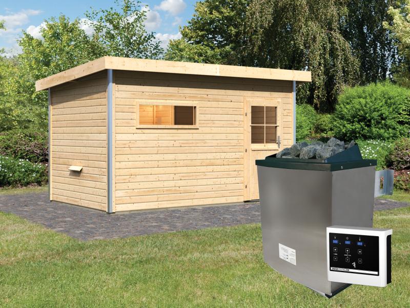 Karibu Saunahaus Skrollan 3 38 mm - 9 kW Ofen ext. Steuerung - klassische Tür