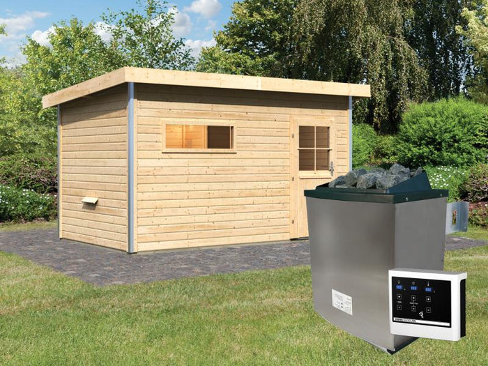 Karibu Saunahaus Skrollan 3 38 mm - 9 kW Ofen ext. Steuerung - klassische Tür