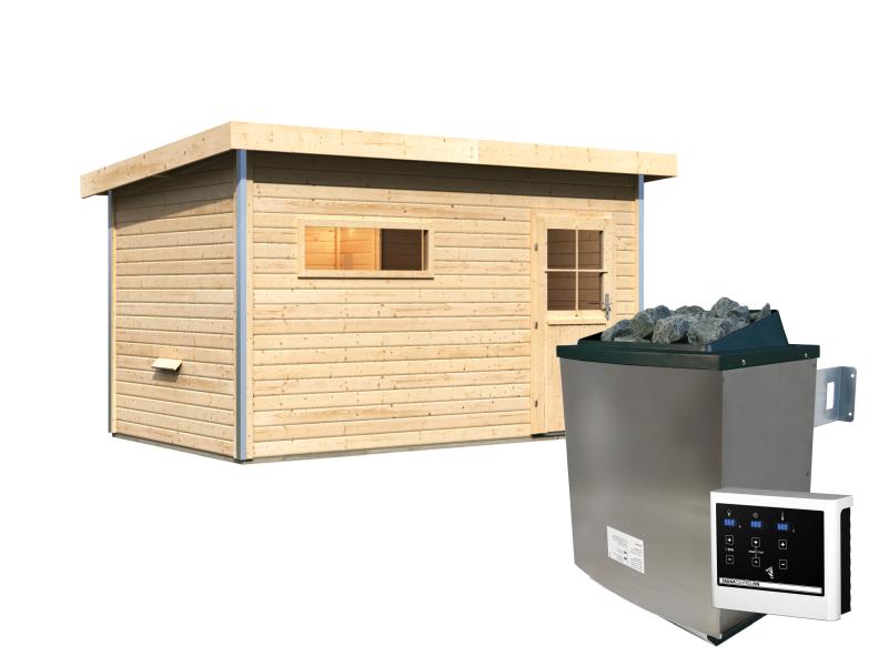 Karibu Saunahaus Skrollan 3 38 mm - 9 kW Ofen ext. Steuerung - klassische Tür