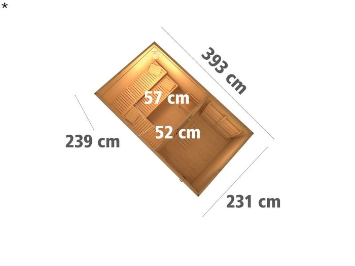 Karibu Saunahaus Skrollan 3 in terragrau 38 mm- 9 kW Ofen Ext. Strg - moderne Tür