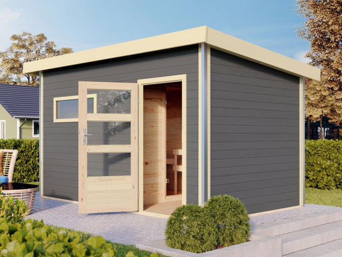 Karibu Saunahaus Skrollan 3 in terragrau 38 mm- 9 kW Ofen Ext. Strg - moderne Tür