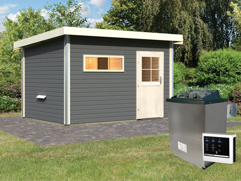 Karibu Saunahaus Skrollan 3 in terragrau 38 mm- 9 kW Ofen ext. Steuerung -klassische Tür-