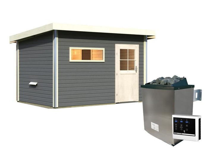 Karibu Saunahaus Skrollan 3 in terragrau 38 mm- 9 kW Ofen ext. Steuerung -klassische Tür-