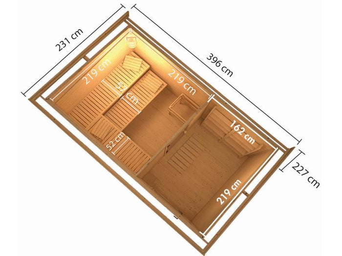Karibu Saunahaus Skrollan 3 in terragrau 38 mm- 9 kW Ofen ext. Steuerung -klassische Tür-