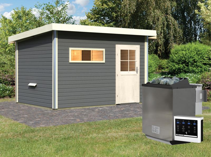 Karibu Saunahaus Skrollan 3 in terragrau 38 mm- 9 kW Bioofen Ext. Strg - klassische Tür