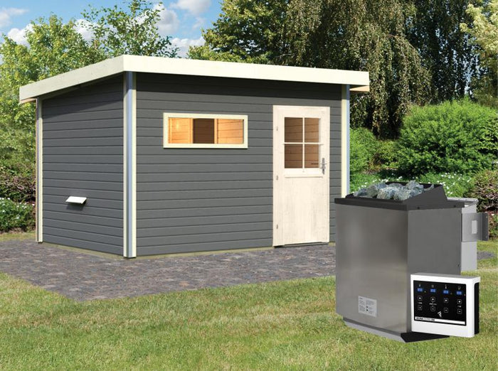 Karibu Saunahaus Skrollan 3 in terragrau 38 mm- 9 kW Bioofen Ext. Strg - klassische Tür