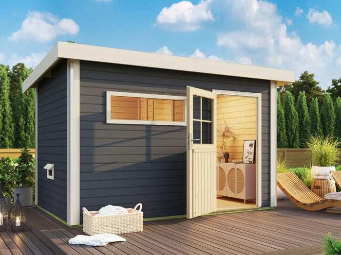 Karibu Saunahaus Skrollan 3 in terragrau 38 mm- ohne Ofen- klassische Tür